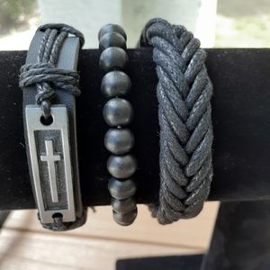 Black Leather Bracelets Adjustable Set of 3